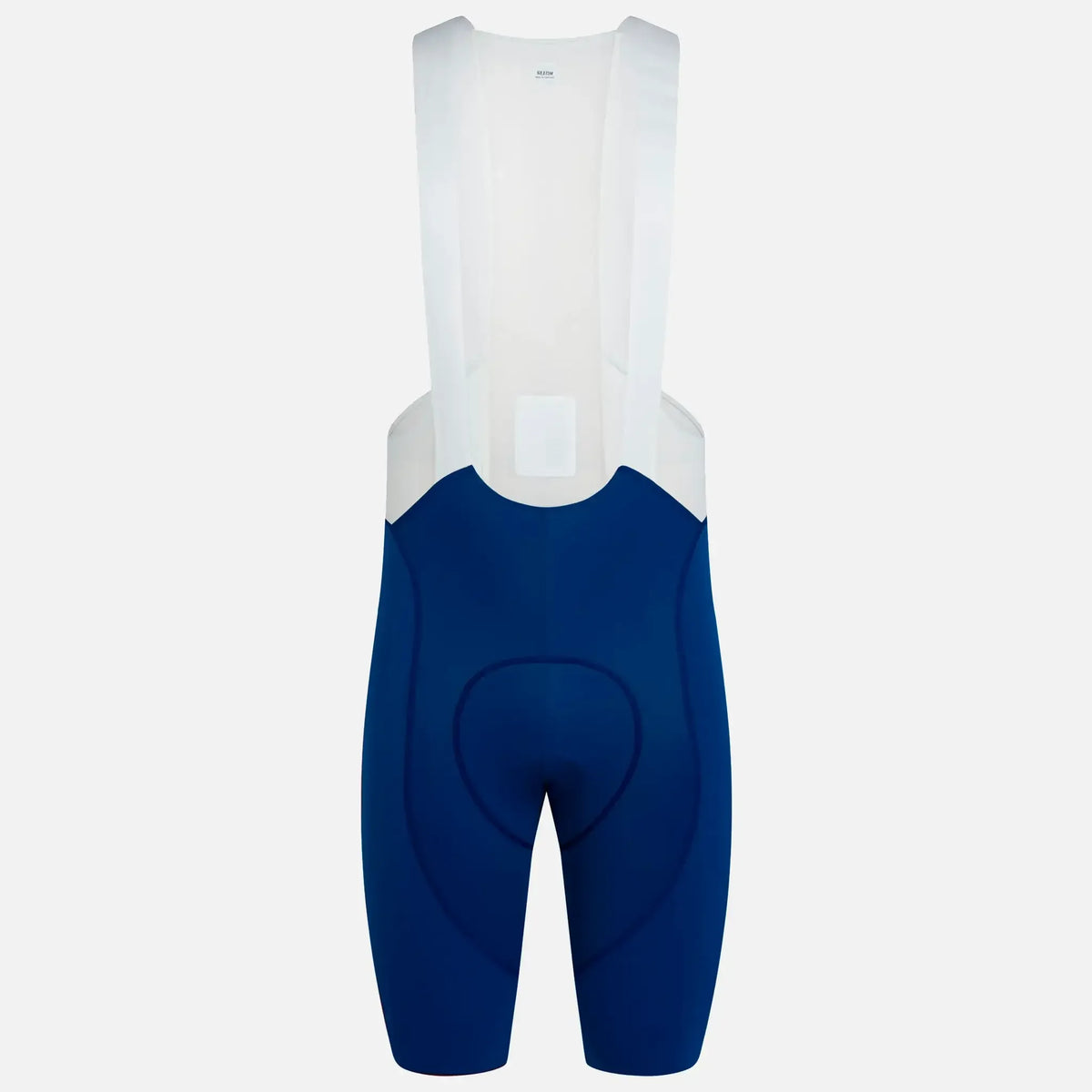 Blue cycling bib shorts with white straps and padded seat for comfort