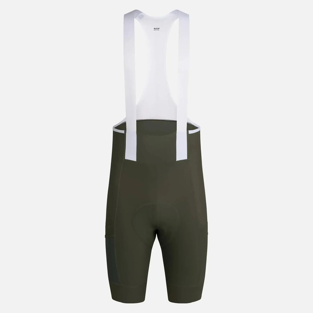 Olive green cycling bib shorts with white straps and padded seat for comfort