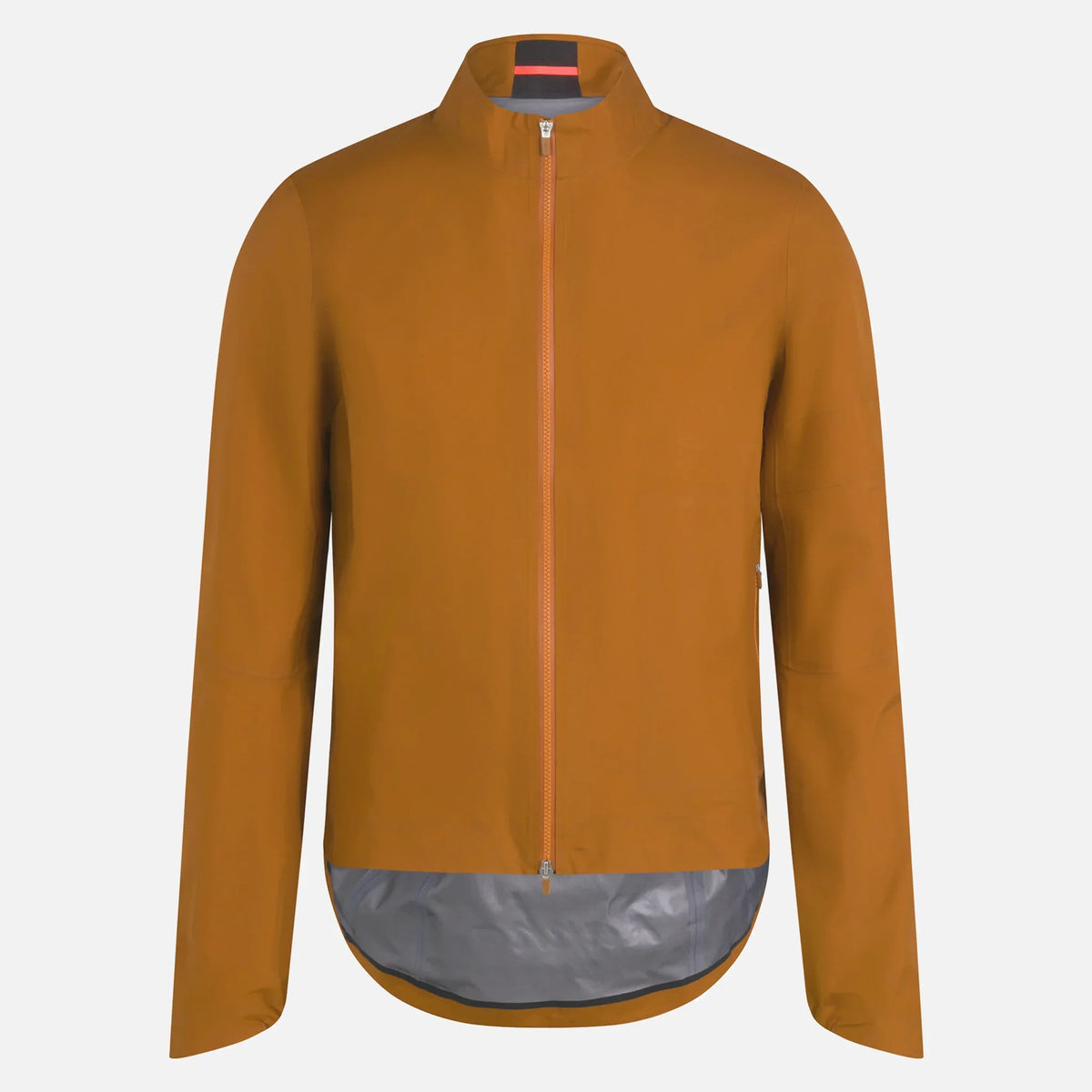 Mustard brown cycling jacket with full zip and reflective gray hem for outdoor rides