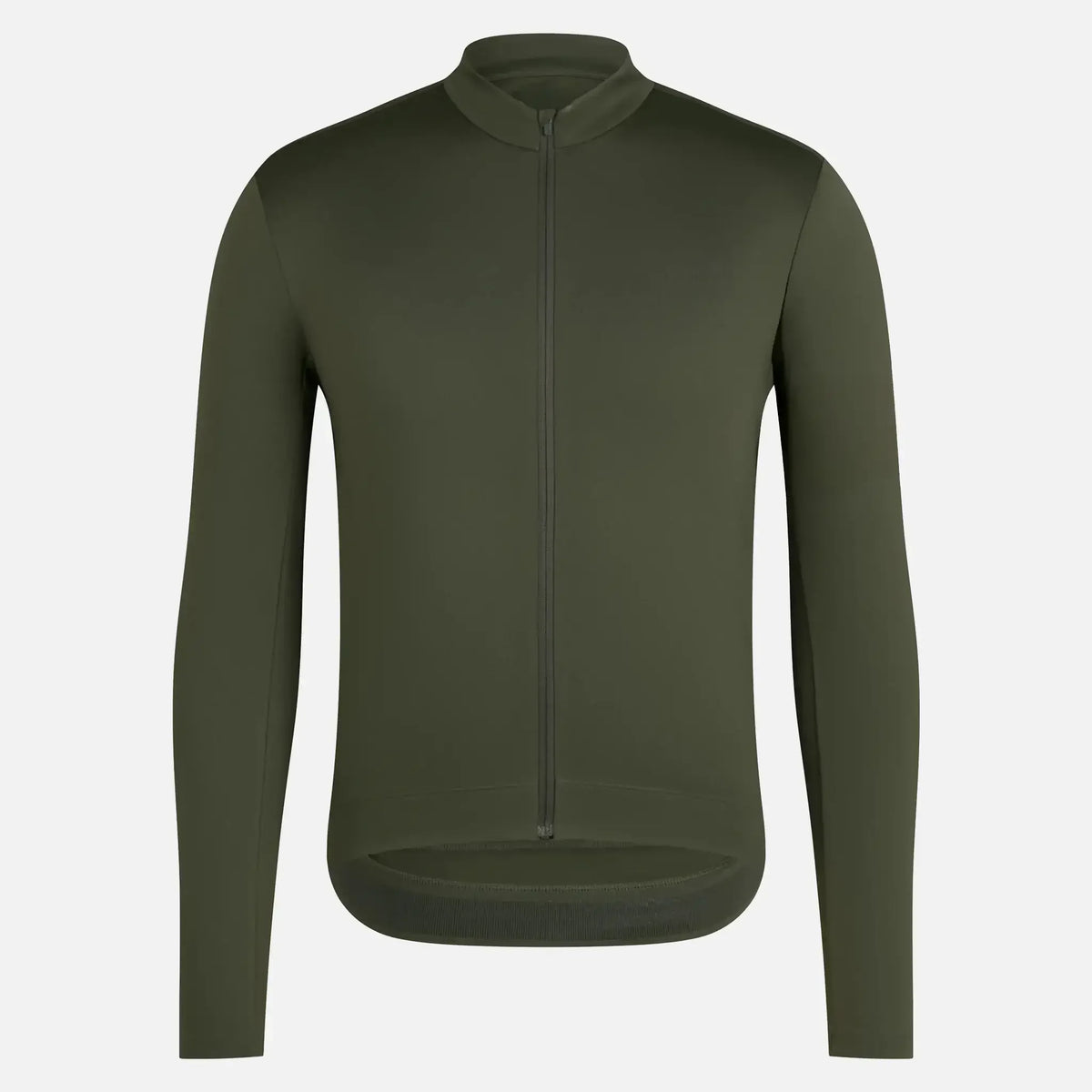 Olive green long-sleeve cycling jersey with full zipper and ergonomic fit