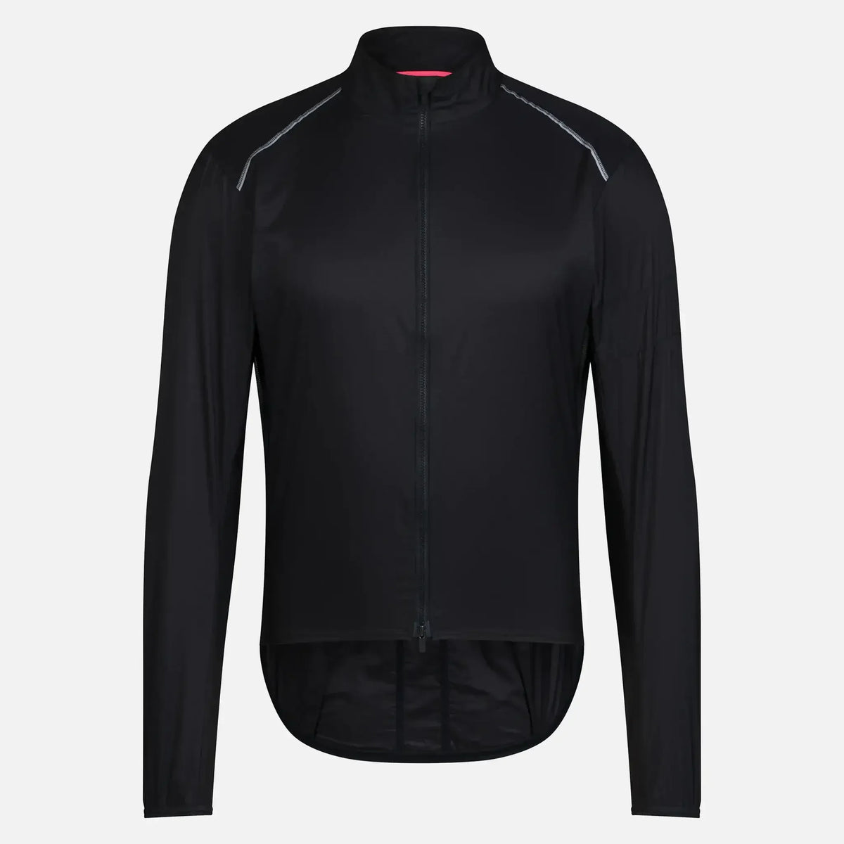 Black cycling jacket with full zip, reflective seams, and high collar for outdoor rides