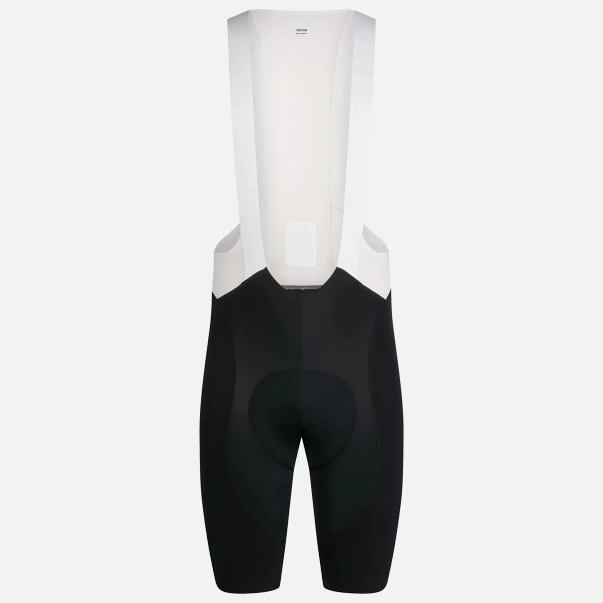 Black cycling bib shorts with white straps and padded seat for comfort