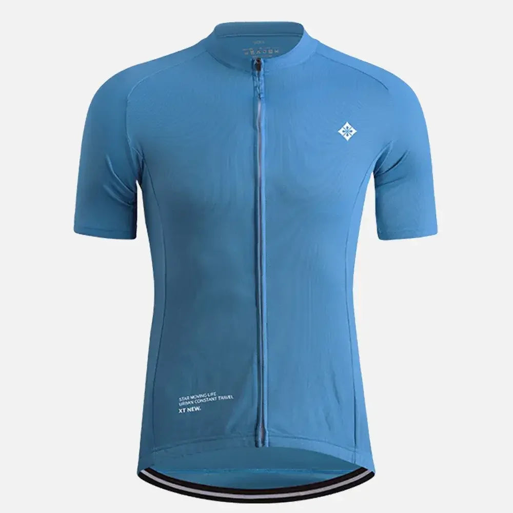 Blue cycling jersey with front zipper and logo, ideal for urban rides and constant travel