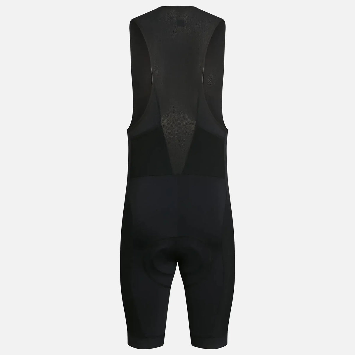 Black cycling bib shorts with padded seat and breathable mesh back