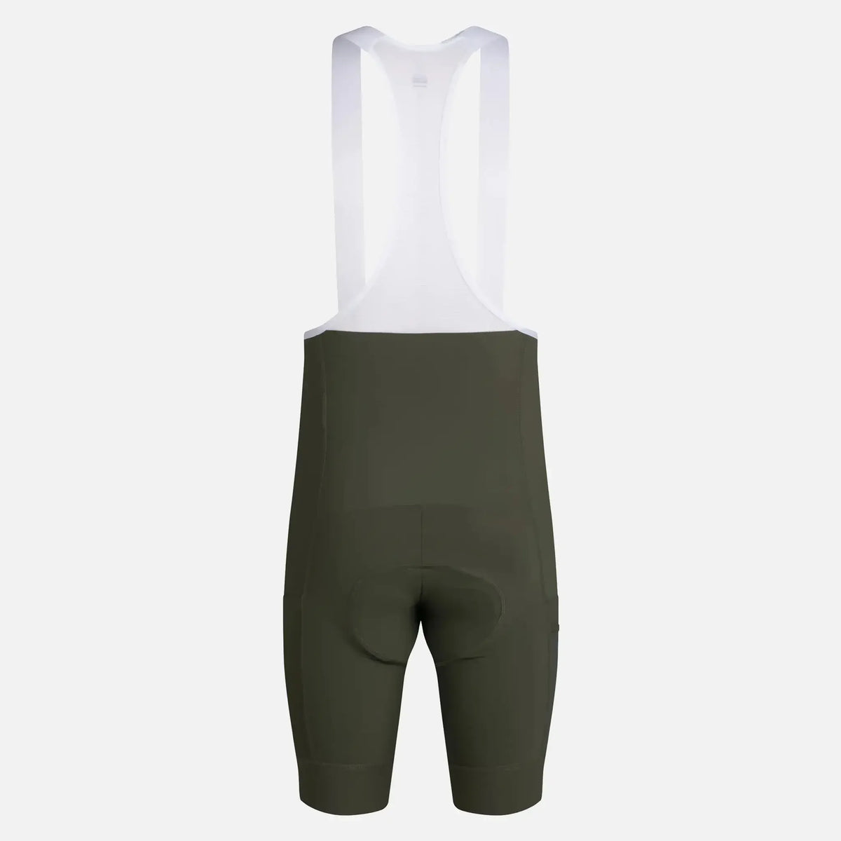 Olive green cycling bib shorts with white straps and padded seat for comfort