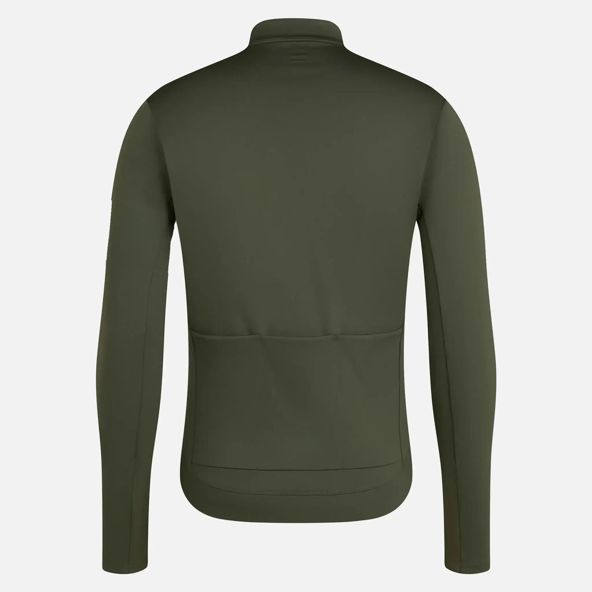 Olive green long-sleeve cycling jersey with rear pockets and high collar