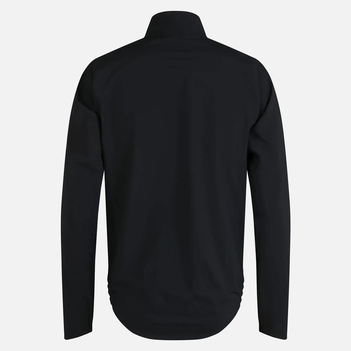 Black long-sleeve shirt with high collar and curved hem, minimalist design
