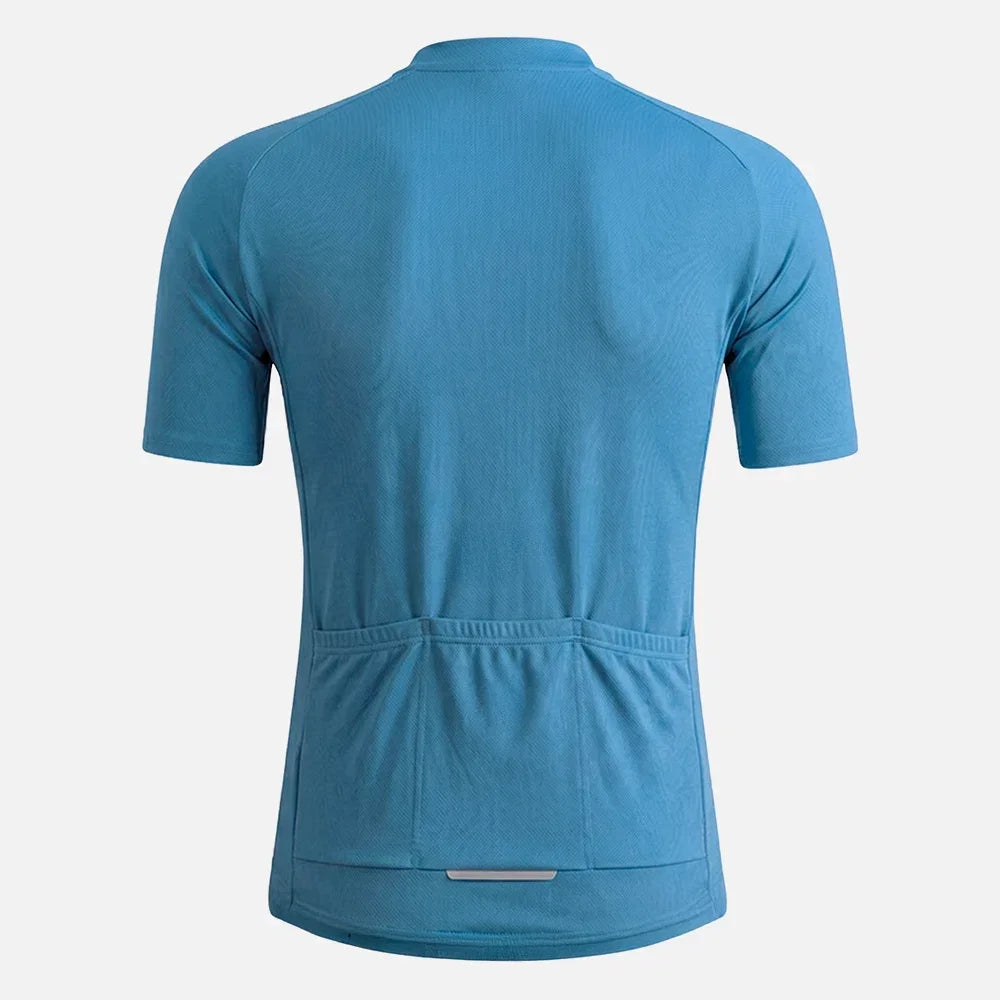 Blue cycling jersey with rear pockets and reflective strip for safety