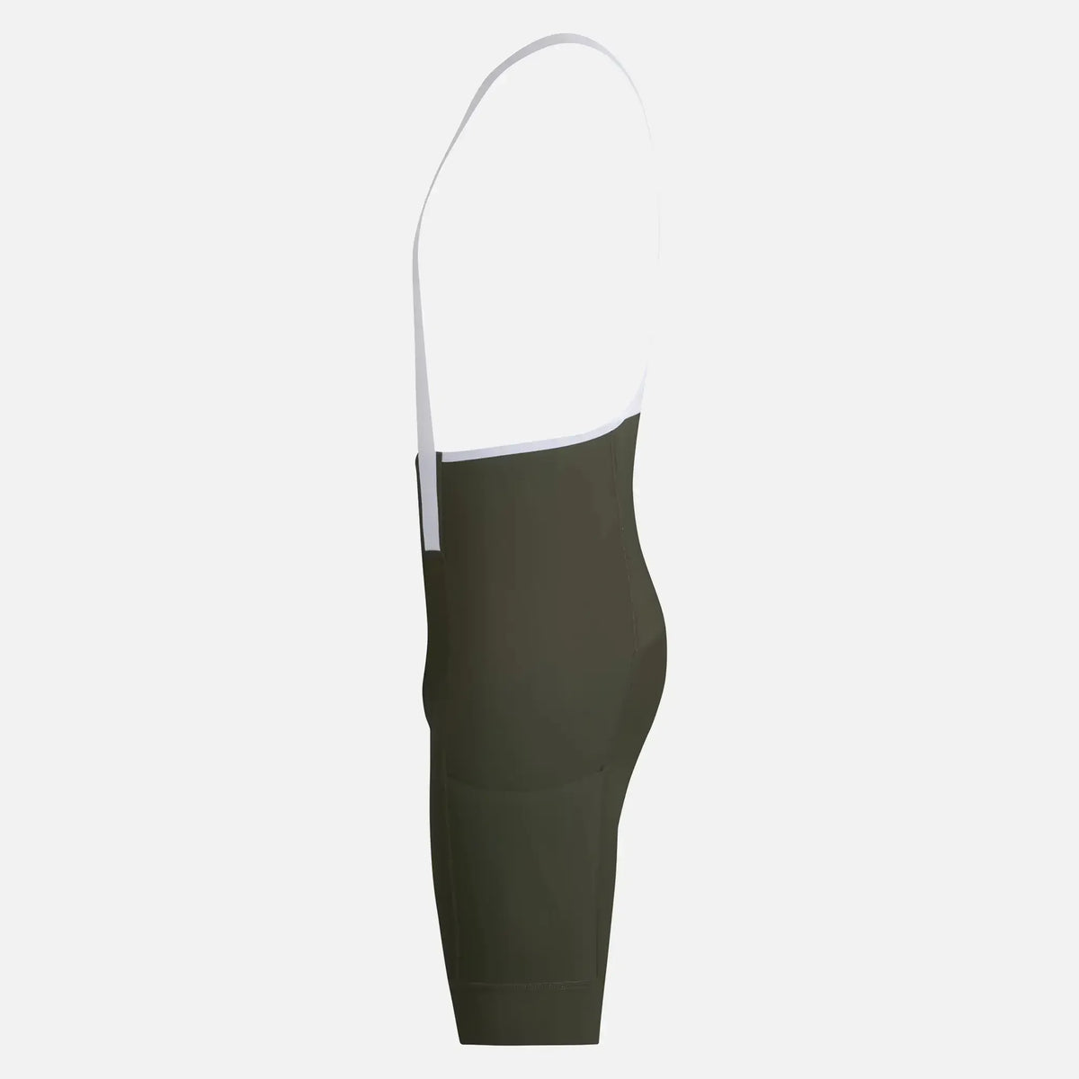 Olive green cycling bib shorts with white straps, designed for comfort and performance.