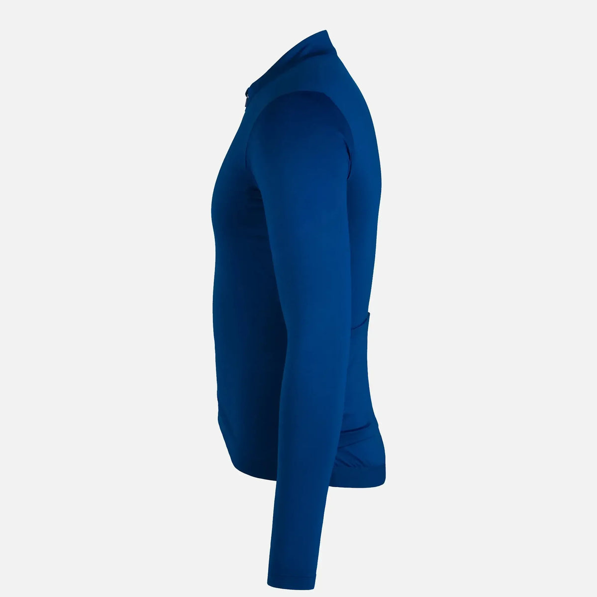 Blue long-sleeve athletic top with side pocket and zipper neck