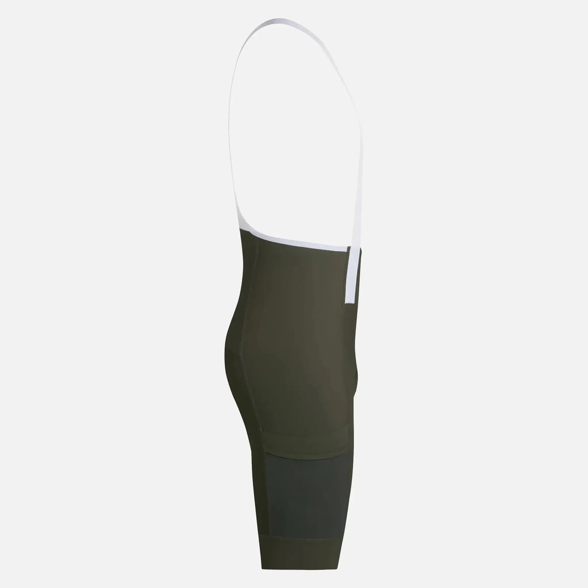 Olive green cycling bib shorts with white straps and ergonomic design