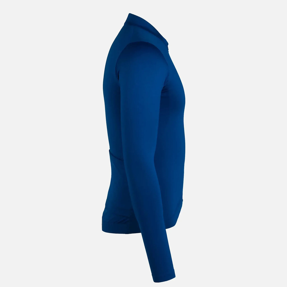 Blue long-sleeve athletic shirt with sleek fit and side pocket
