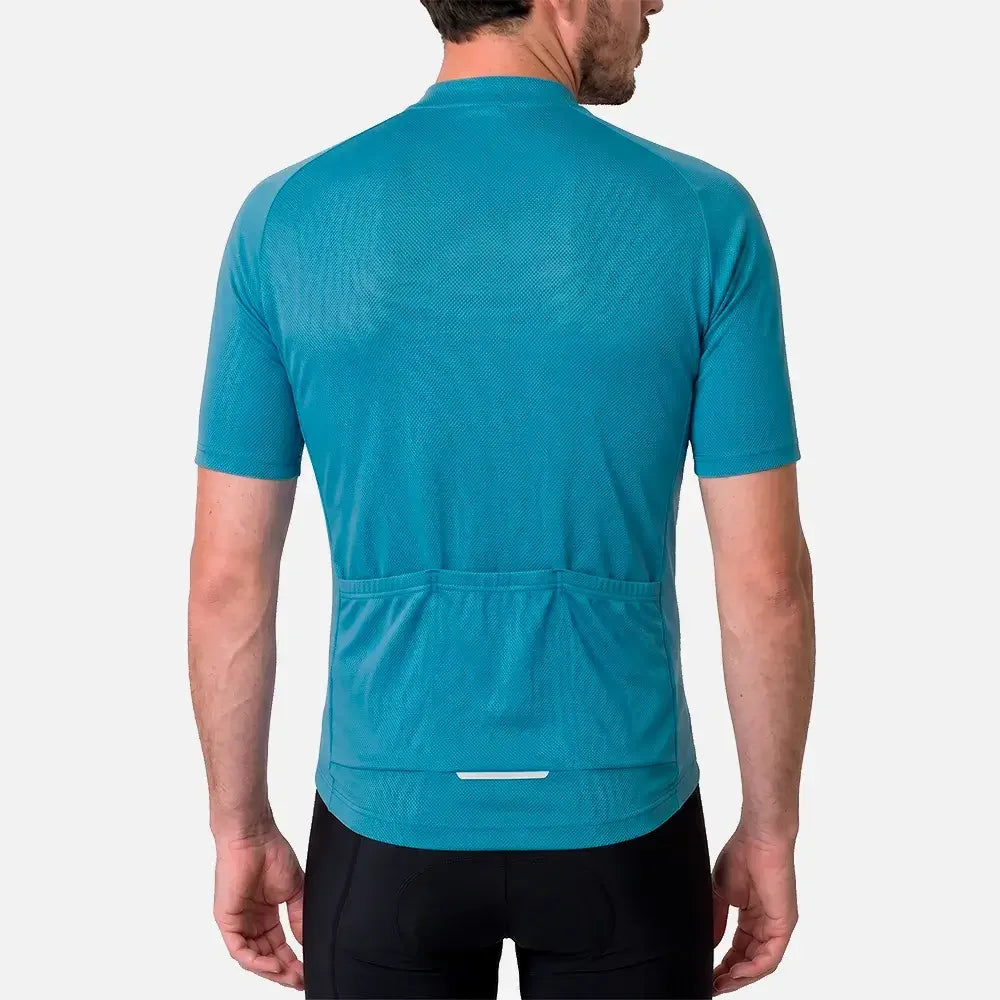 Men's teal cycling jersey with rear pockets and reflective strip, back view