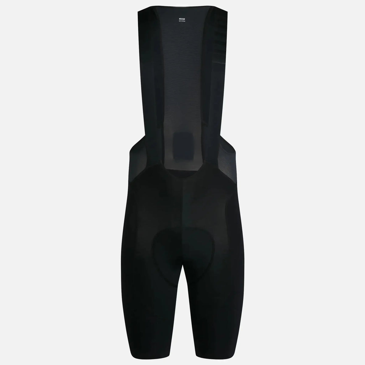 Black cycling bib shorts with padded seat and breathable mesh back