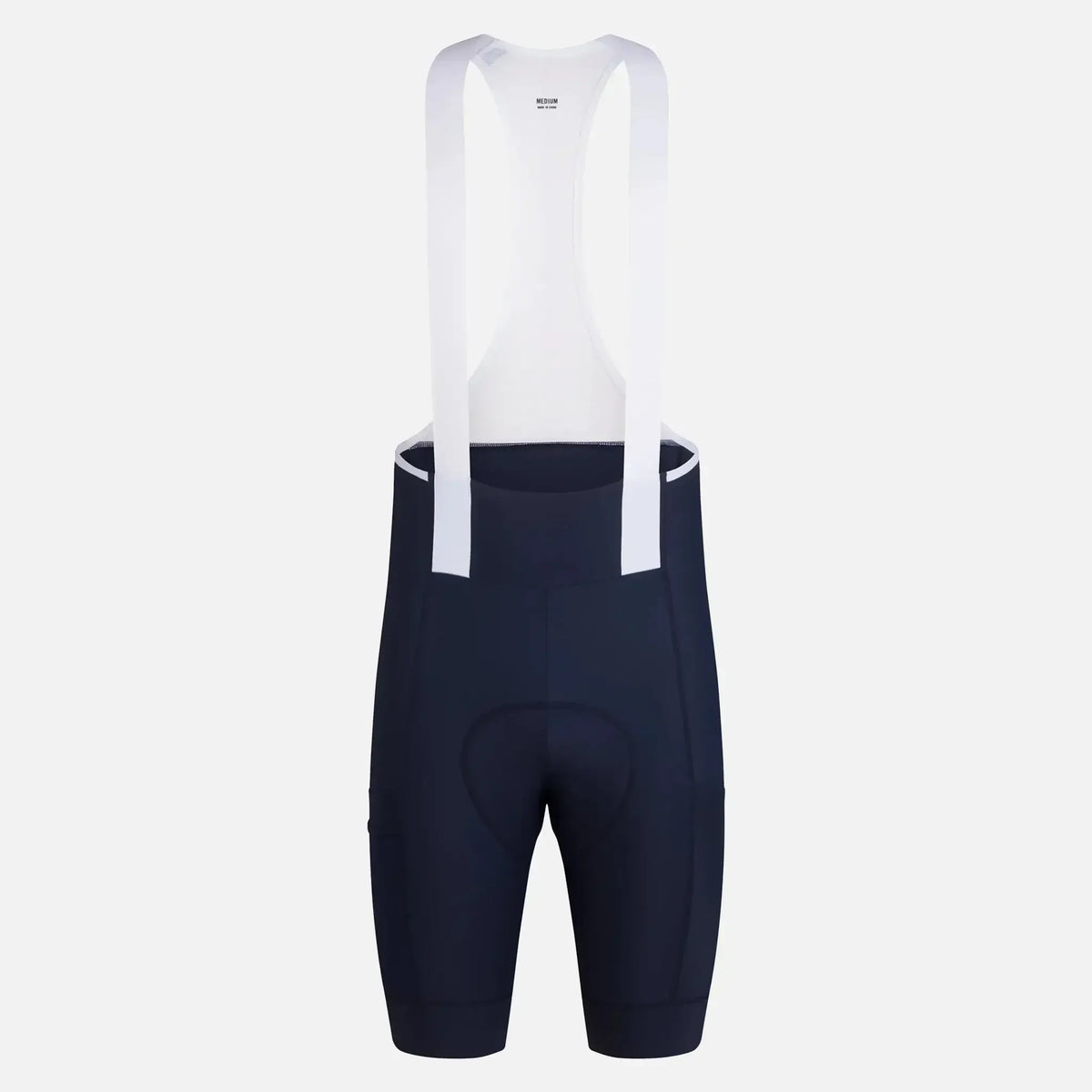 Navy blue cycling bib shorts with white straps and padded seat for comfort