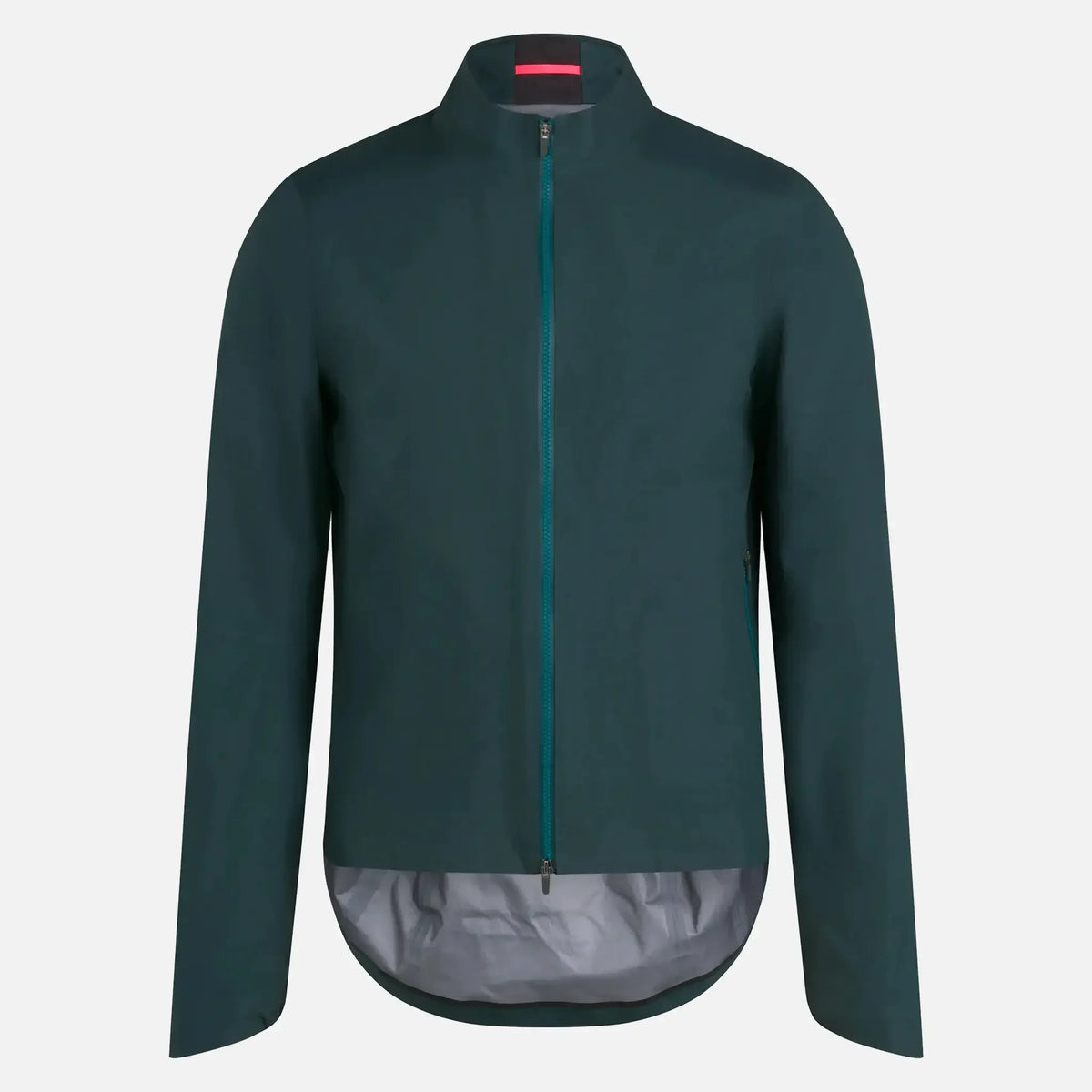 Dark green cycling jacket with full zip, reflective hem, and pink collar detail for outdoor rides