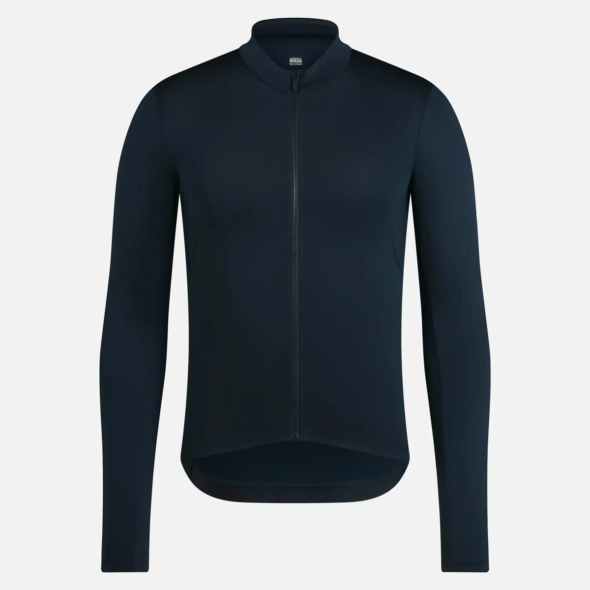 Men's black long sleeve cycling jersey with full zip and stand collar, sleek performance design