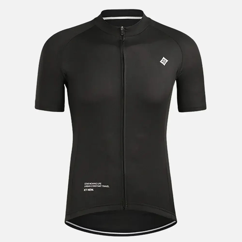 Black cycling jersey with full zip, short sleeves, and minimalist design for urban rides