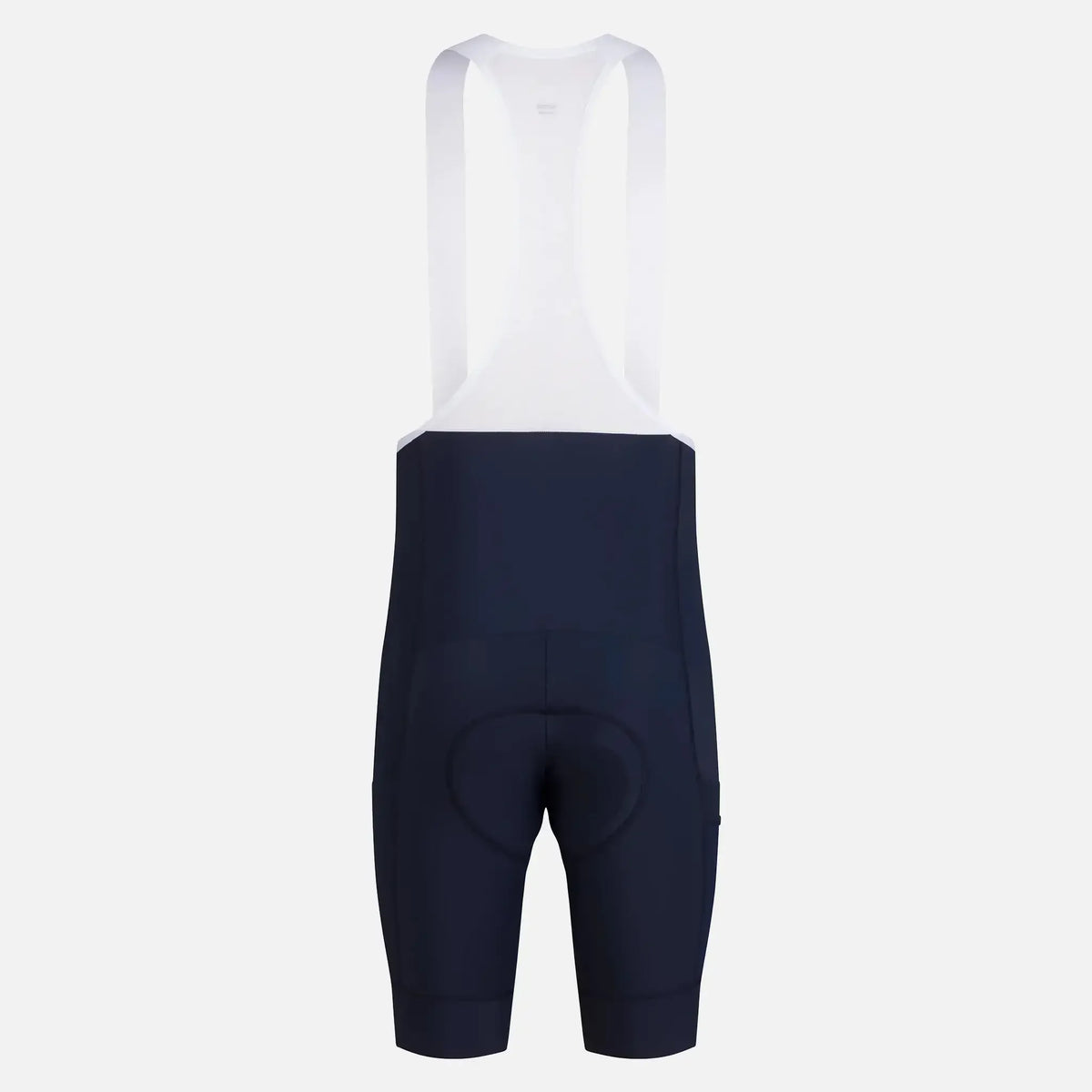Navy blue cycling bib shorts with white straps and padded seat for comfort