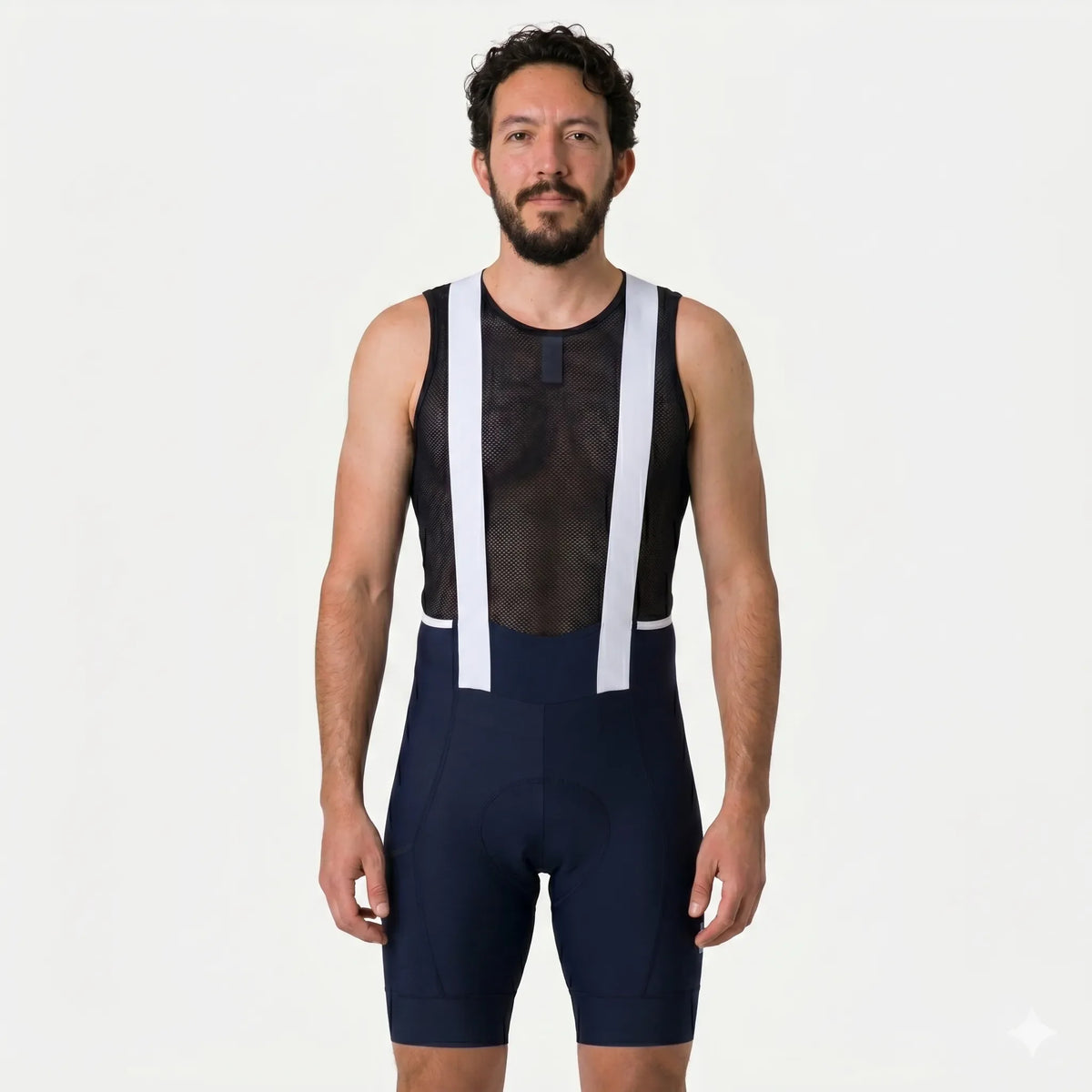 Men's cycling bib shorts with navy blue chamois, white suspenders, and black mesh upper for road biking comfort