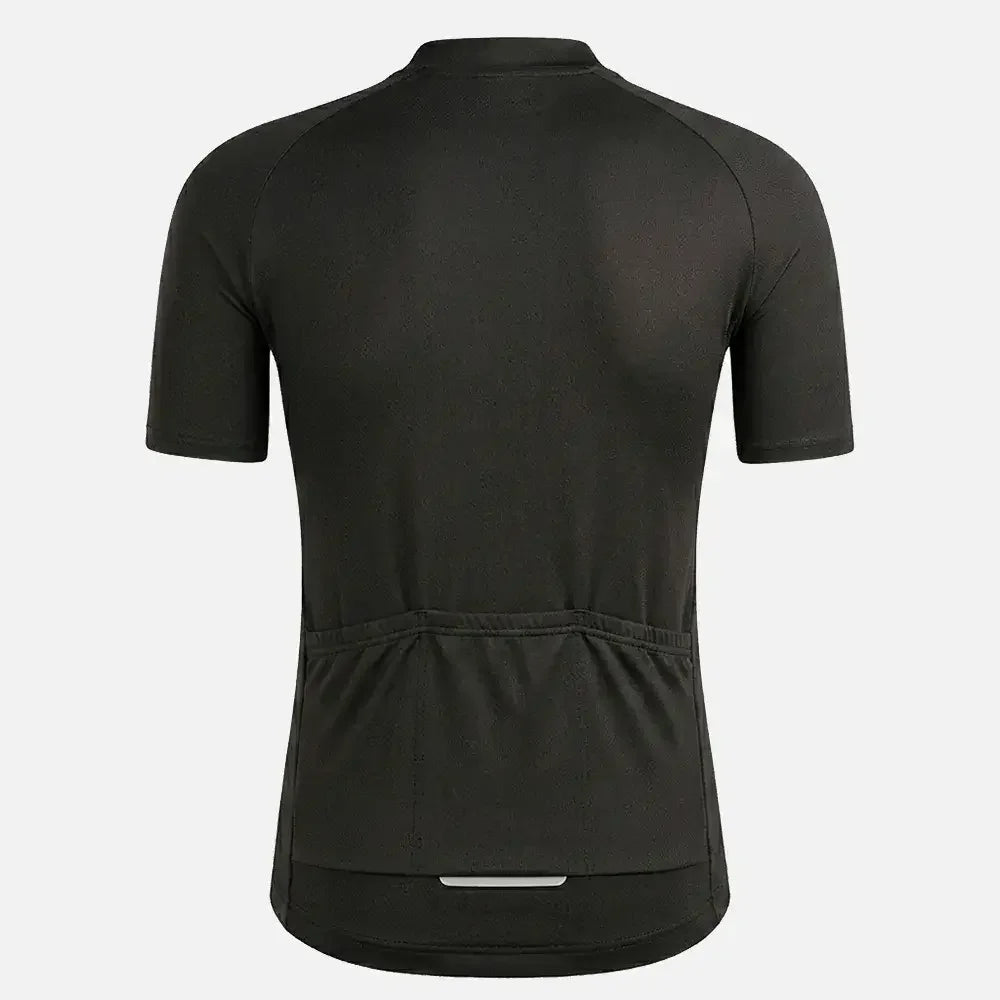 Black men's cycling jersey with rear pockets and reflective strip, short sleeve bike shirt