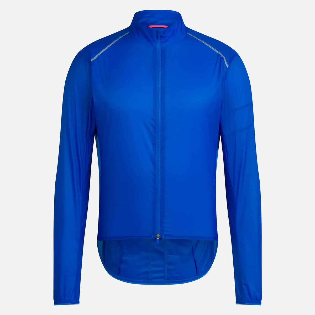 Blue cycling jacket with full zip, reflective seams, and high collar for outdoor rides