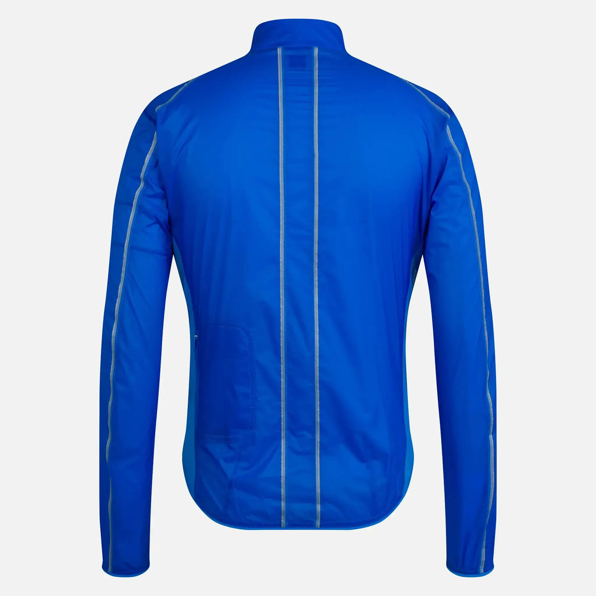 Blue cycling jacket with reflective stripes, back view