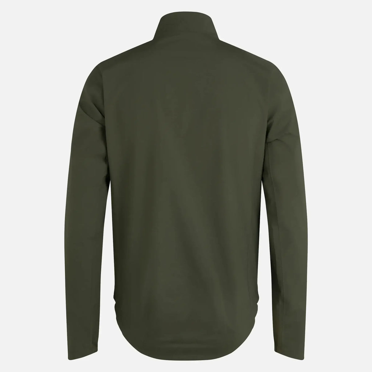 Olive green long-sleeve shirt with high collar, back view