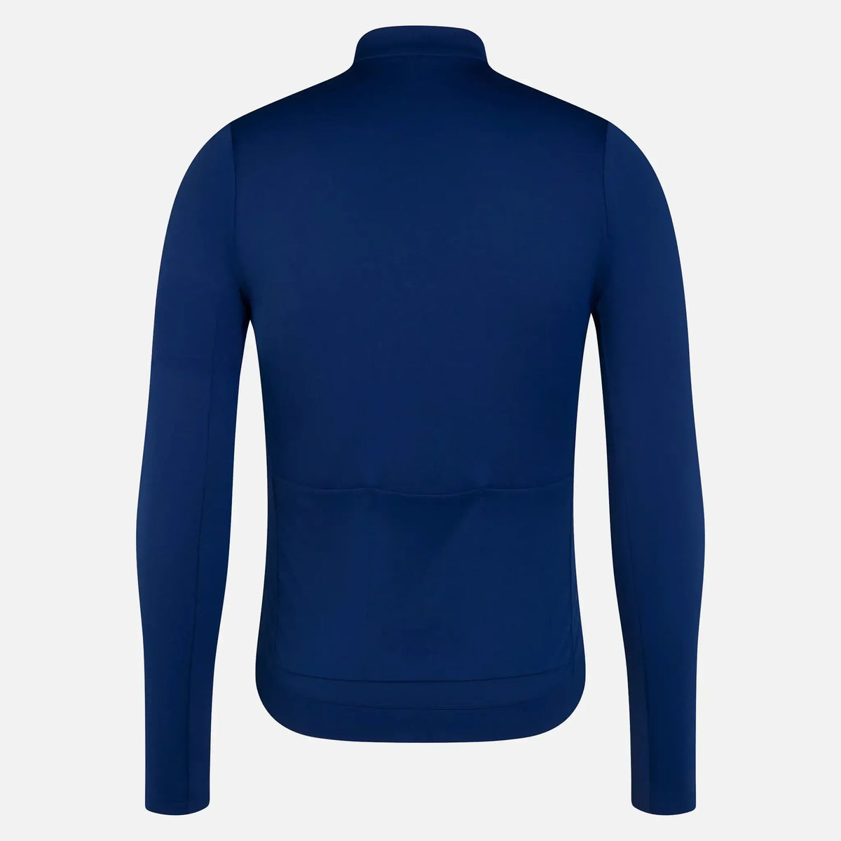 Navy blue long-sleeve cycling jersey with rear pockets and high collar