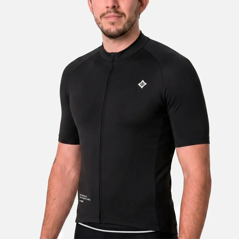 Black cycling jersey with front zipper and logo, designed for performance and comfort.
