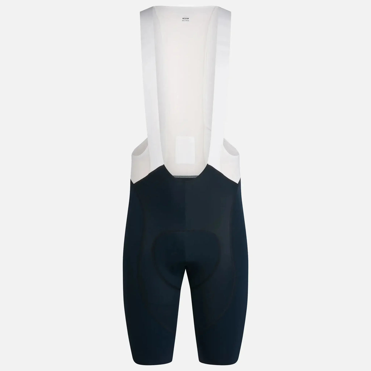 Black cycling bib shorts with white straps, designed for comfort and performance
