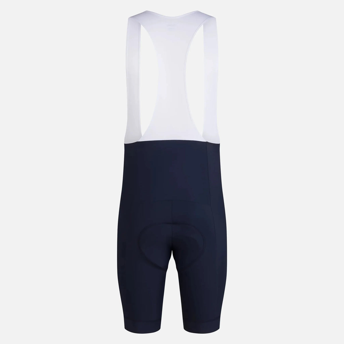 Navy blue cycling bib shorts with white straps and padded seat for comfort