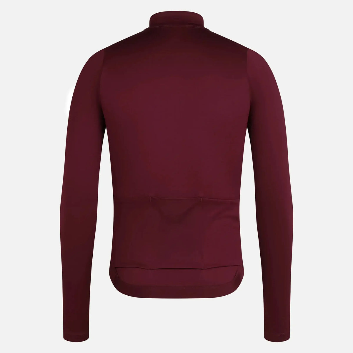 Burgundy long-sleeve cycling jersey with rear pockets and high collar
