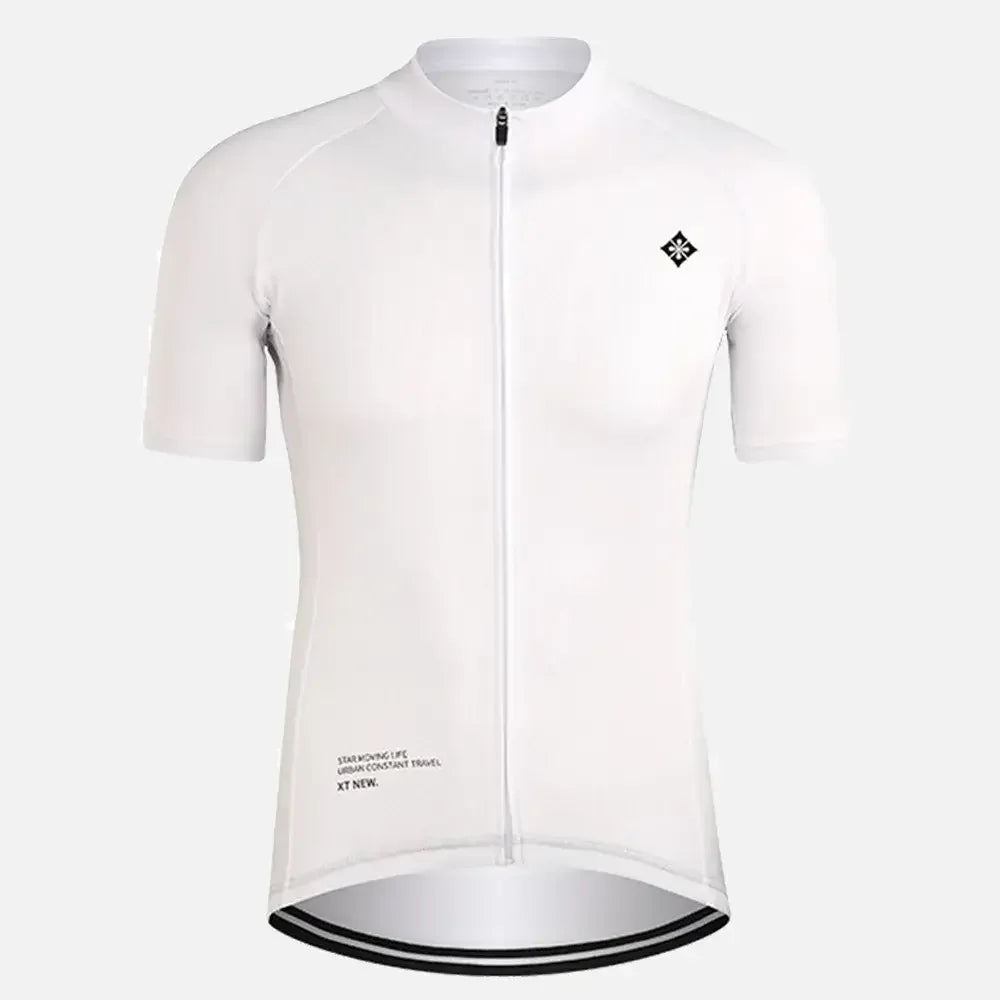 White cycling jersey with black accents and front zipper, ideal for urban rides