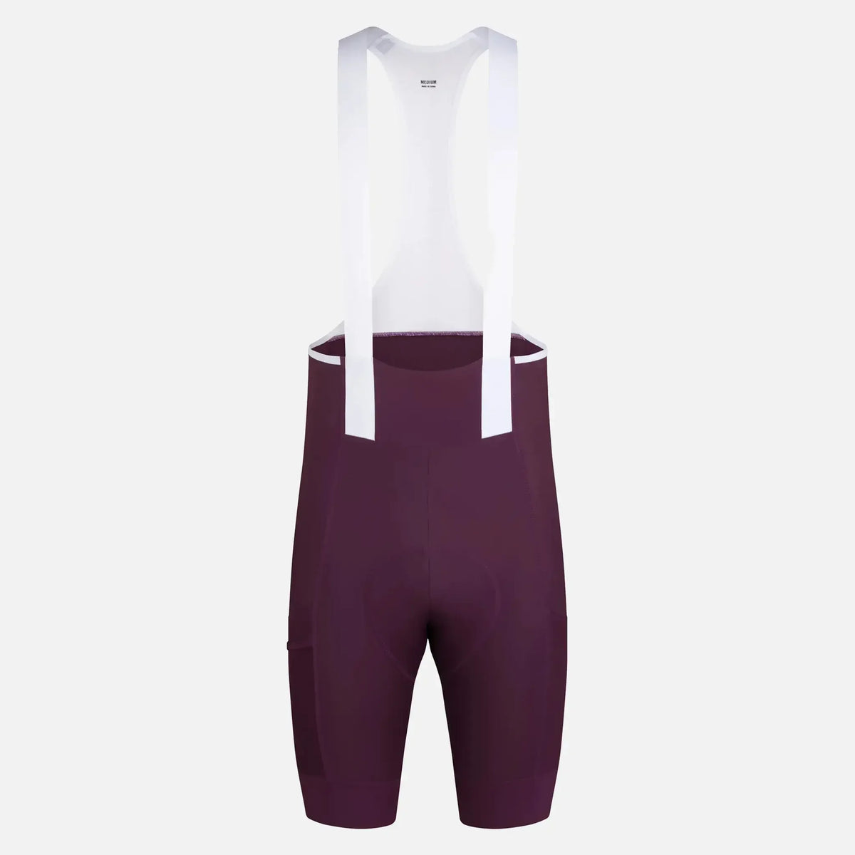 Purple cycling bib shorts with white suspenders, designed for comfort and performance on rides.
