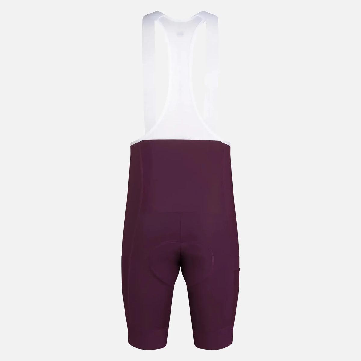 Purple cycling bib shorts with white straps, rear view, padded seat for comfort