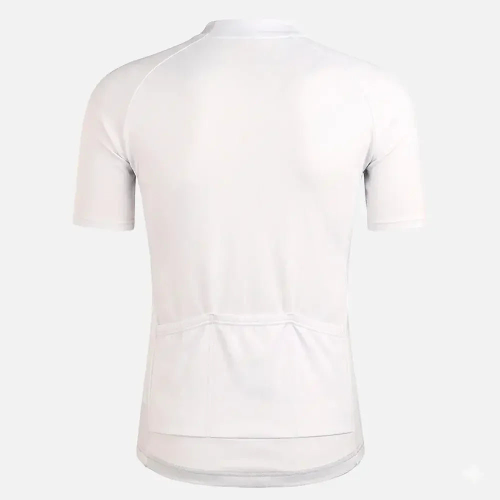 White cycling jersey with rear pockets, short sleeves, and ergonomic fit for active rides
