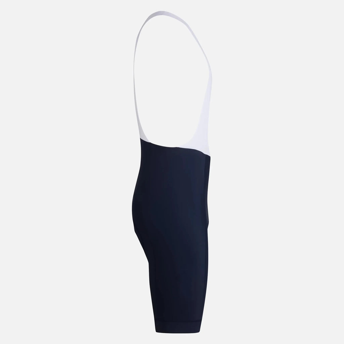 Navy blue cycling bib shorts with white straps, side view on white background