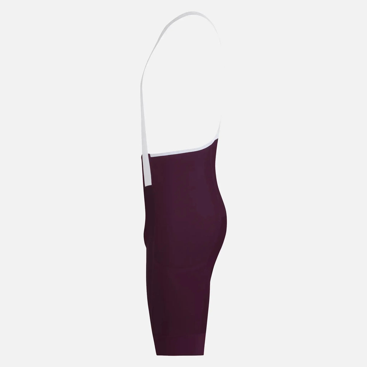 Purple cycling bib shorts with white straps, sleek and form-fitting design for athletic performance.