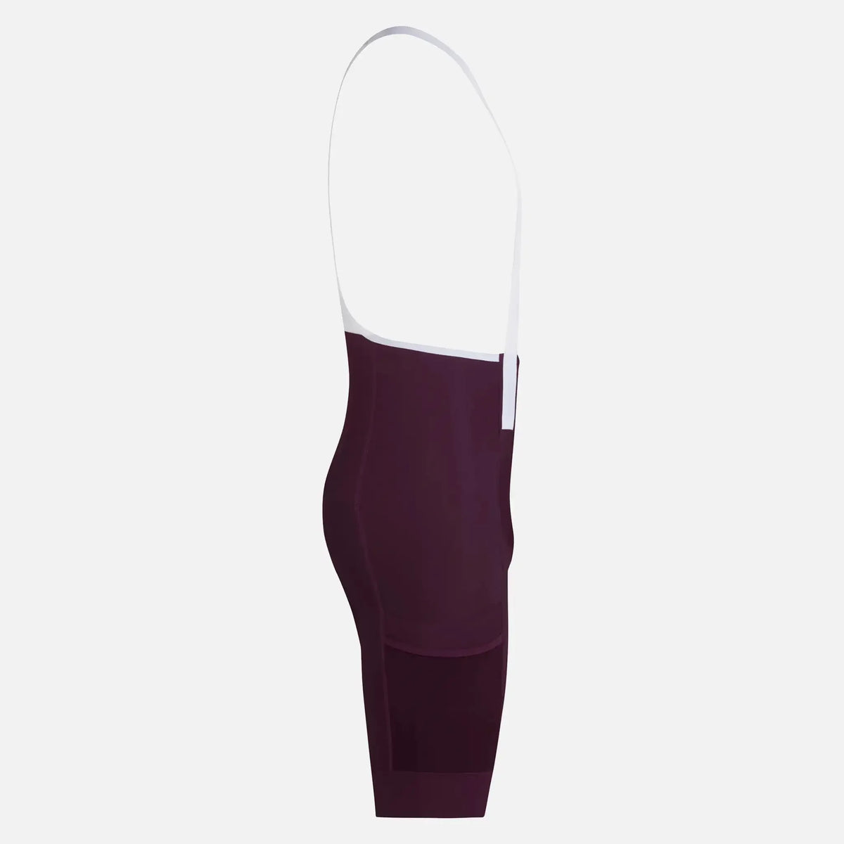 Dark purple cycling bib shorts with white straps, sleek and ergonomic design