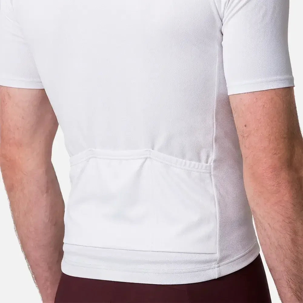 White cycling jersey with rear pocket, short sleeves, and breathable fabric