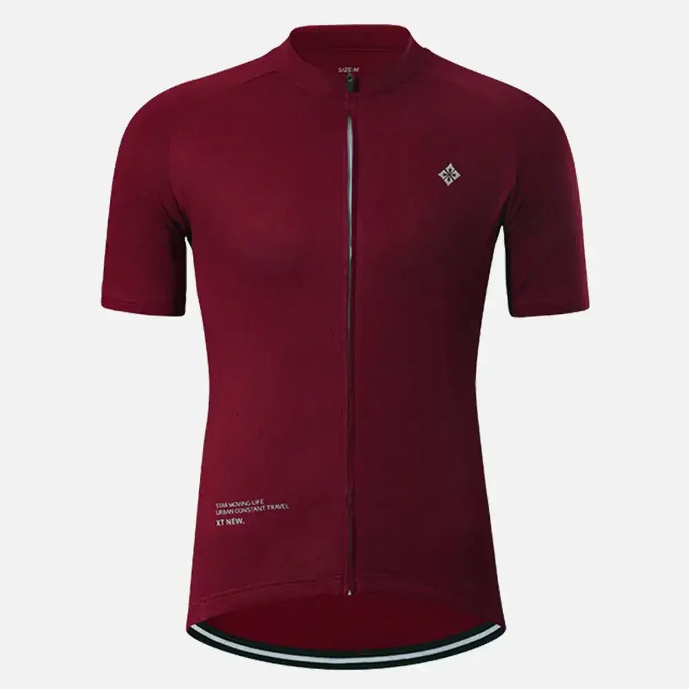 Burgundy cycling jersey with full zip, short sleeves, and reflective hem for road biking performance