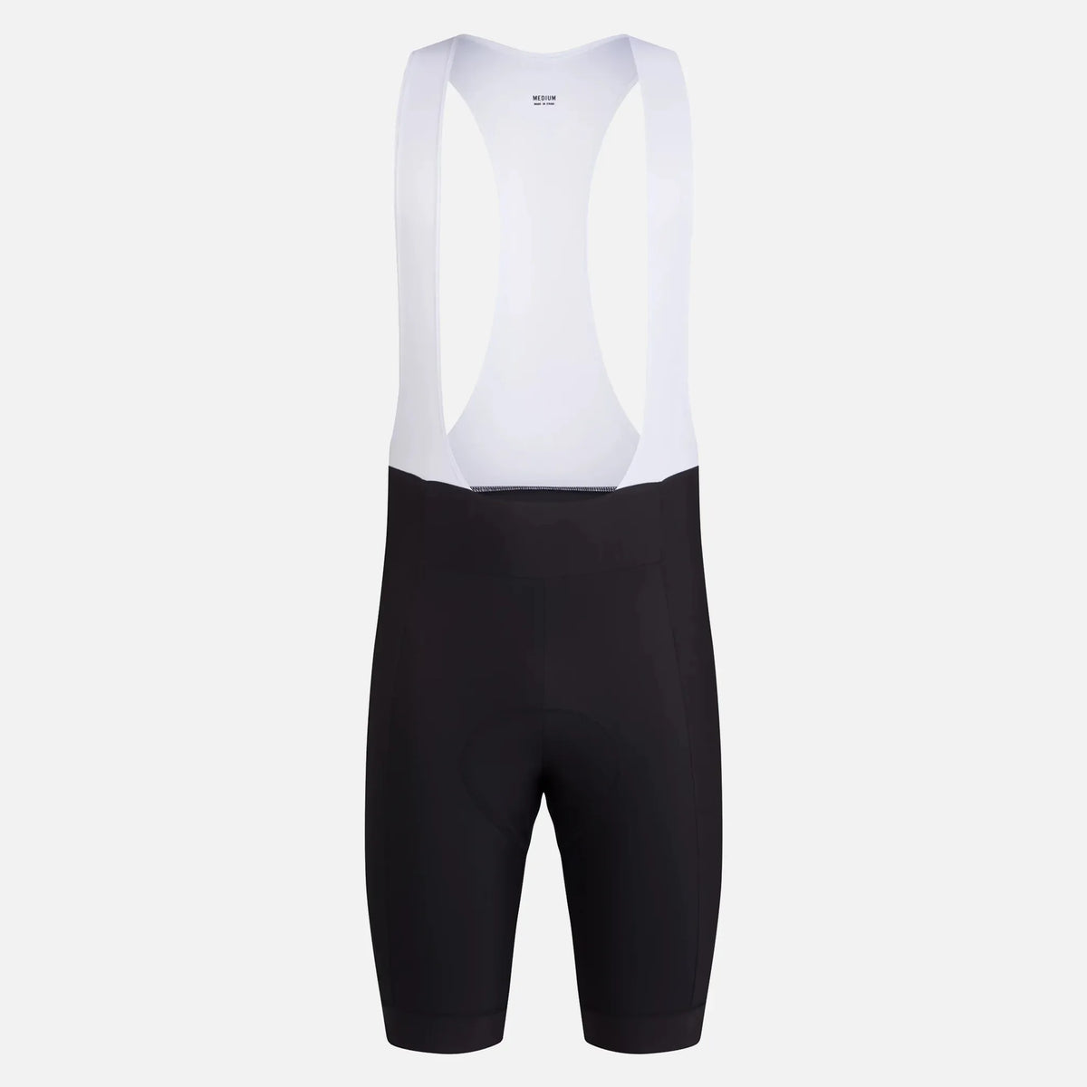 Black cycling bib shorts with white straps, designed for comfort and performance