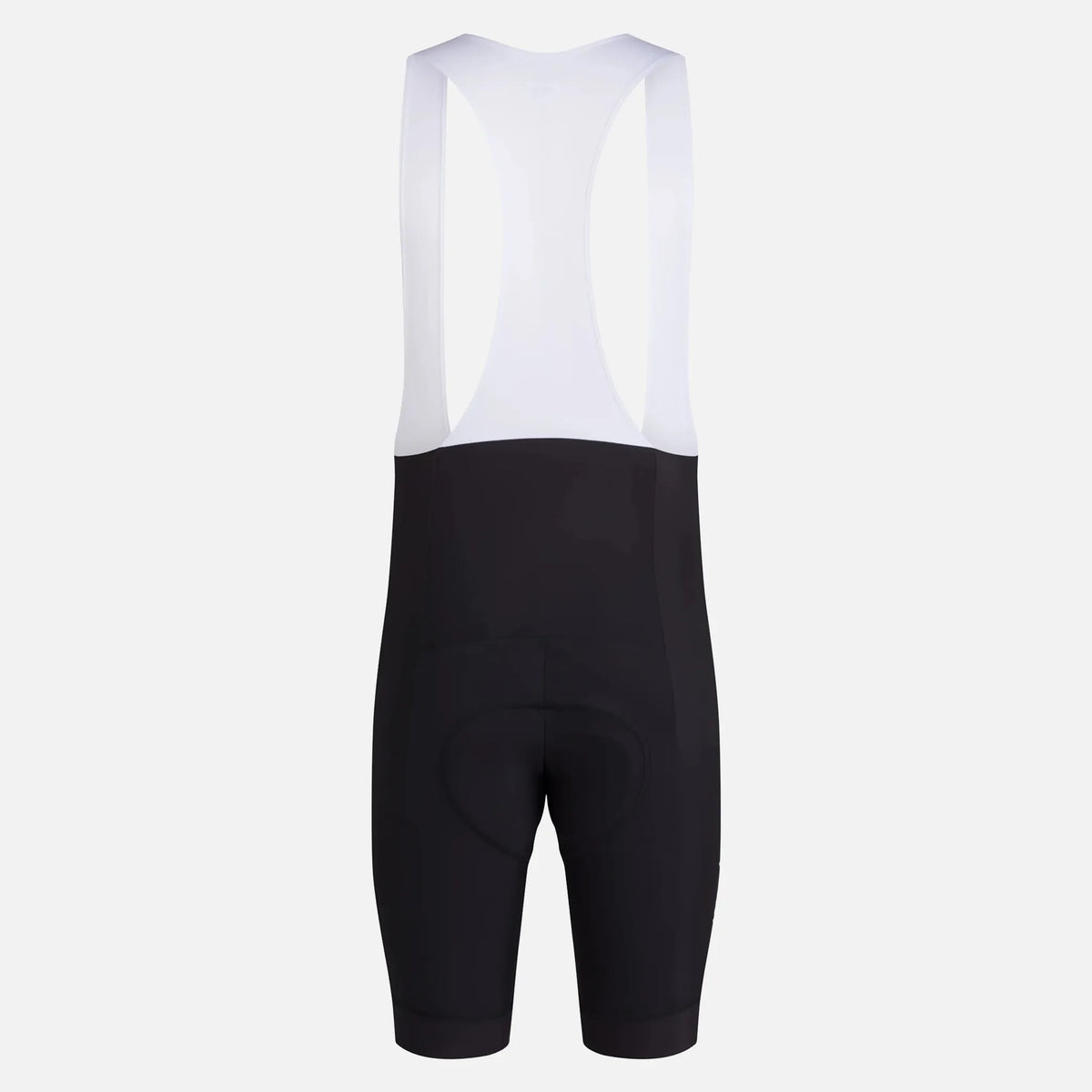 Black cycling bib shorts with white back panel and padded seat