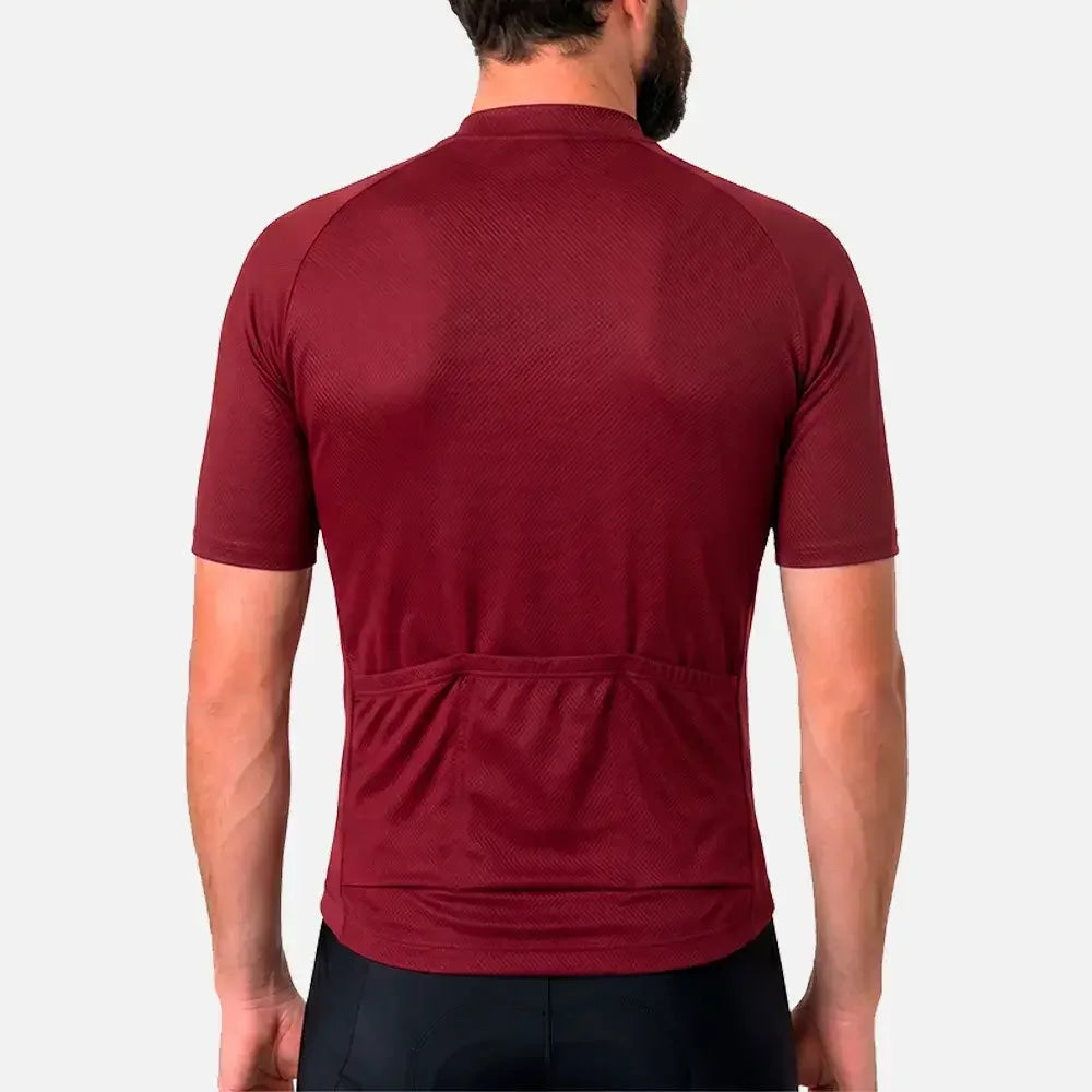 Maroon cycling jersey with back pockets, designed for comfort and performance